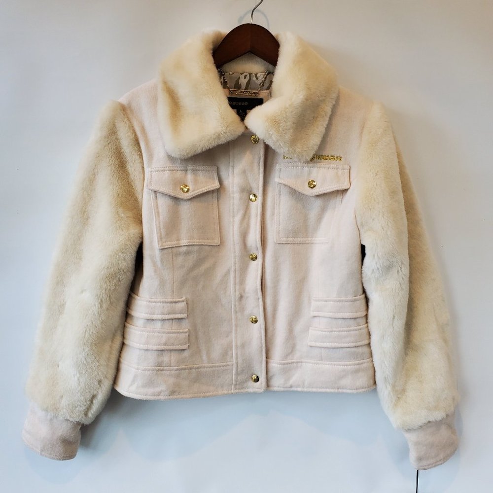 Rocawear Womens Faux Fur Wool White Moto Jacket Coat, Fold Over Collar